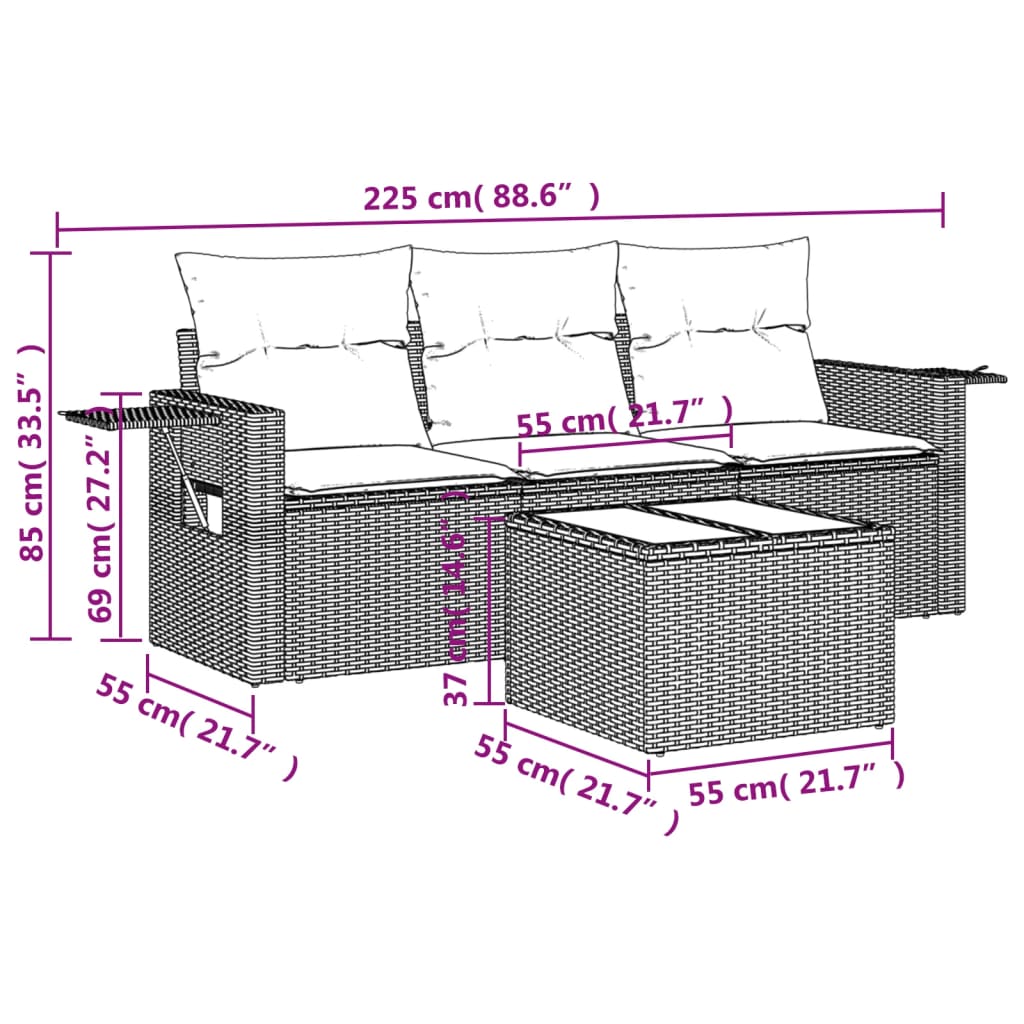 vidaXL 4-tlg. Garten-Sofagarnitur mit Kissen Beige Poly Rattan
