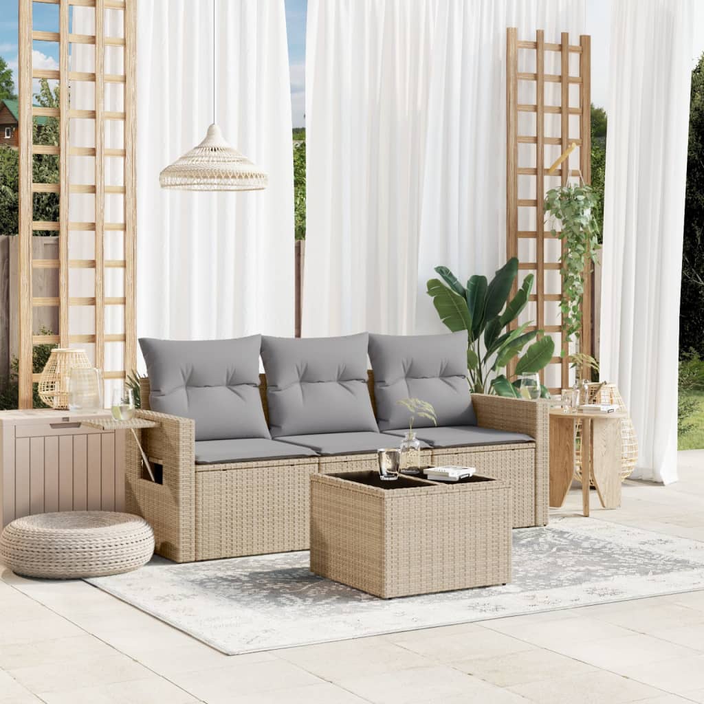 vidaXL 4-tlg. Garten-Sofagarnitur mit Kissen Beige Poly Rattan