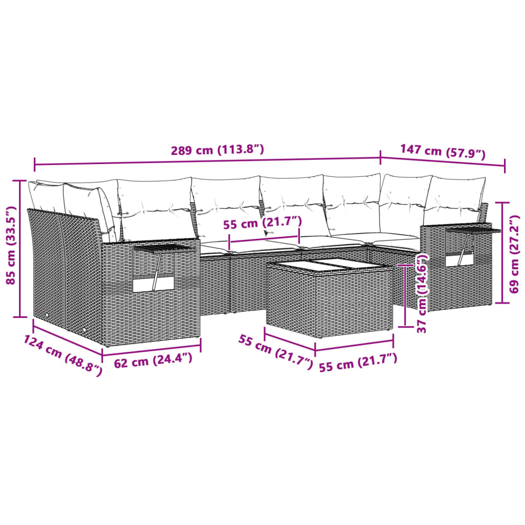 8-tlg. Garten-Sofagarnitur mit Kissen Hellgrau Poly Rattan