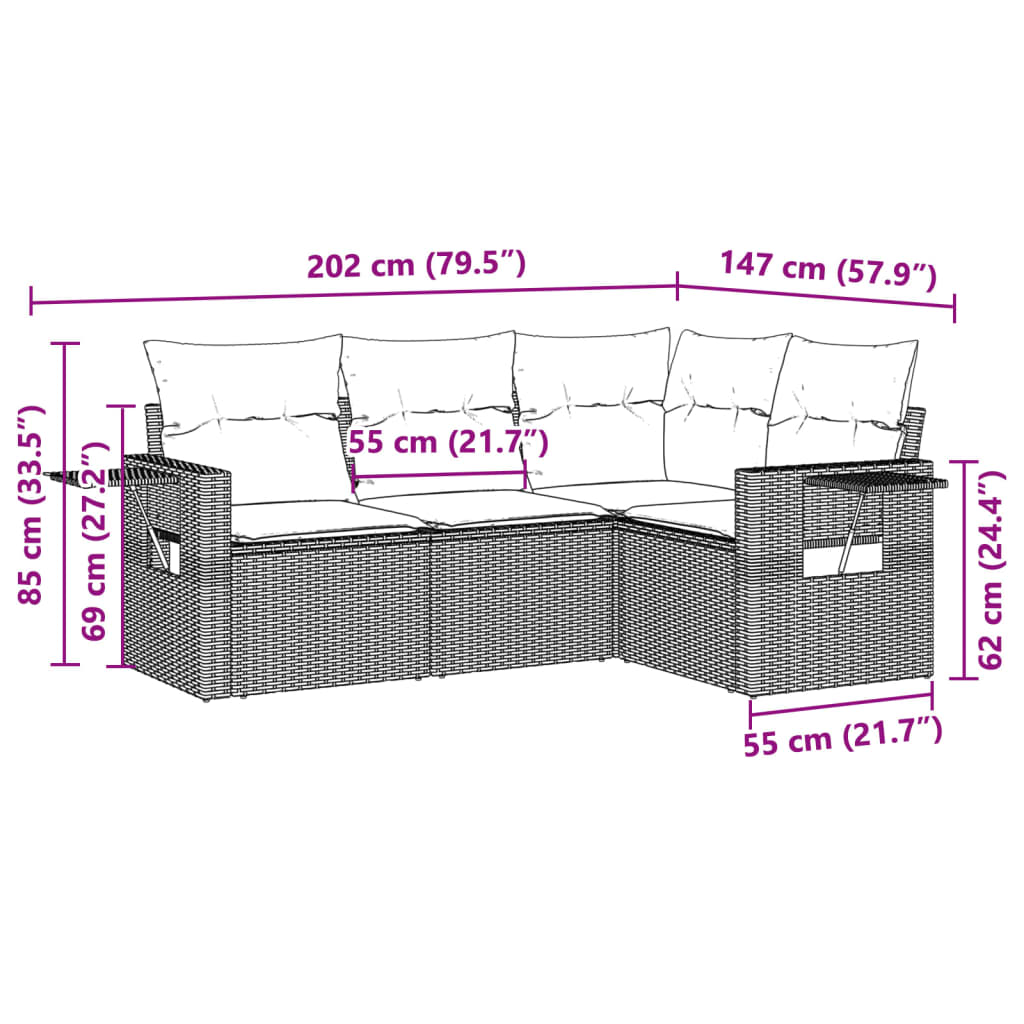 vidaXL 4-tlg. Garten-Sofagarnitur mit Kissen Hellgrau Poly Rattan