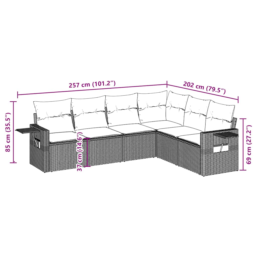vidaXL 6-tlg. Garten-Sofagarnitur mit Kissen Braun Poly Rattan