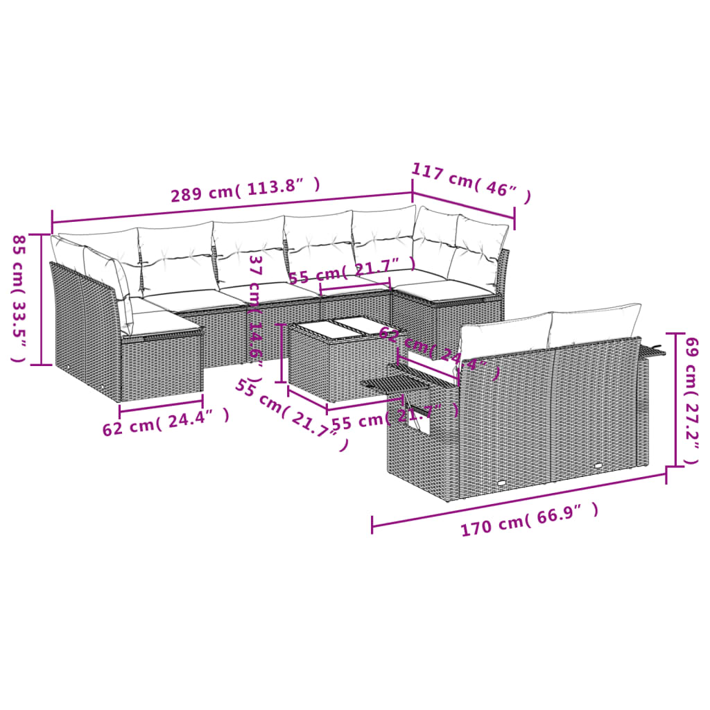 vidaXL 10-tlg. Garten-Sofagarnitur mit Kissen Beige Poly Rattan