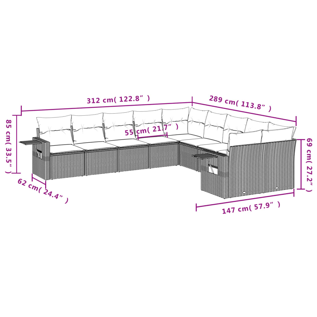 vidaXL 10-tlg. Garten-Sofagarnitur mit Kissen Grau Poly Rattan