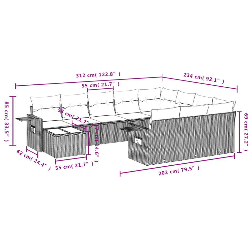 vidaXL 11-tlg. Garten-Sofagarnitur mit Kissen Braun Poly Rattan