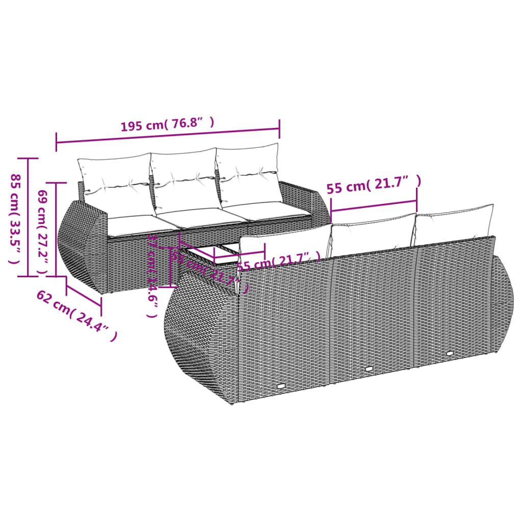 vidaXL 7-tlg. Garten-Sofagarnitur mit Kissen Grau Poly Rattan