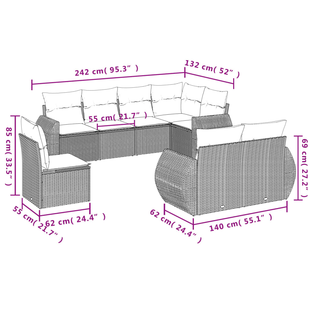 vidaXL 8-tlg. Garten-Sofagarnitur mit Kissen Beige Poly Rattan
