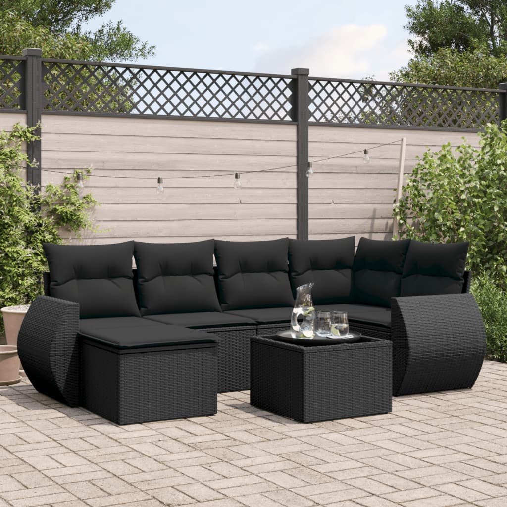 vidaXL Salon de jardin 7 pcs avec coussins Noir Résine tressée