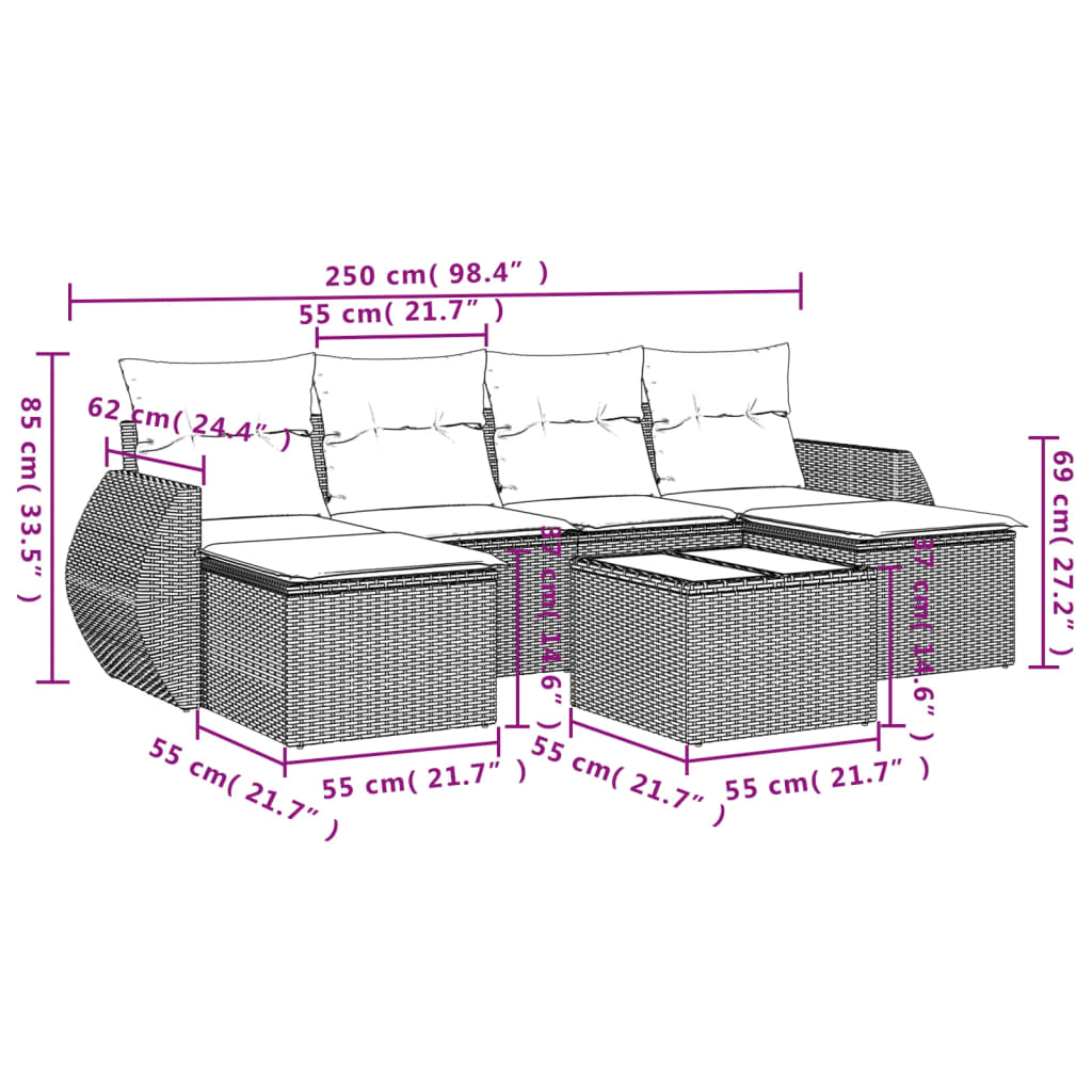 vidaXL 7-tlg. Garten-Sofagarnitur mit Kissen Beige Poly Rattan