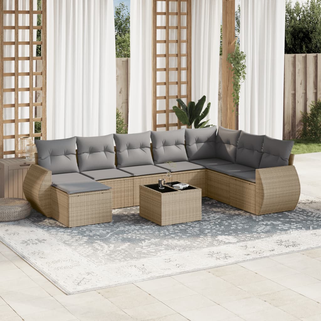 vidaXL Salon de jardin 9 pcs avec coussins Résine tressée Beige