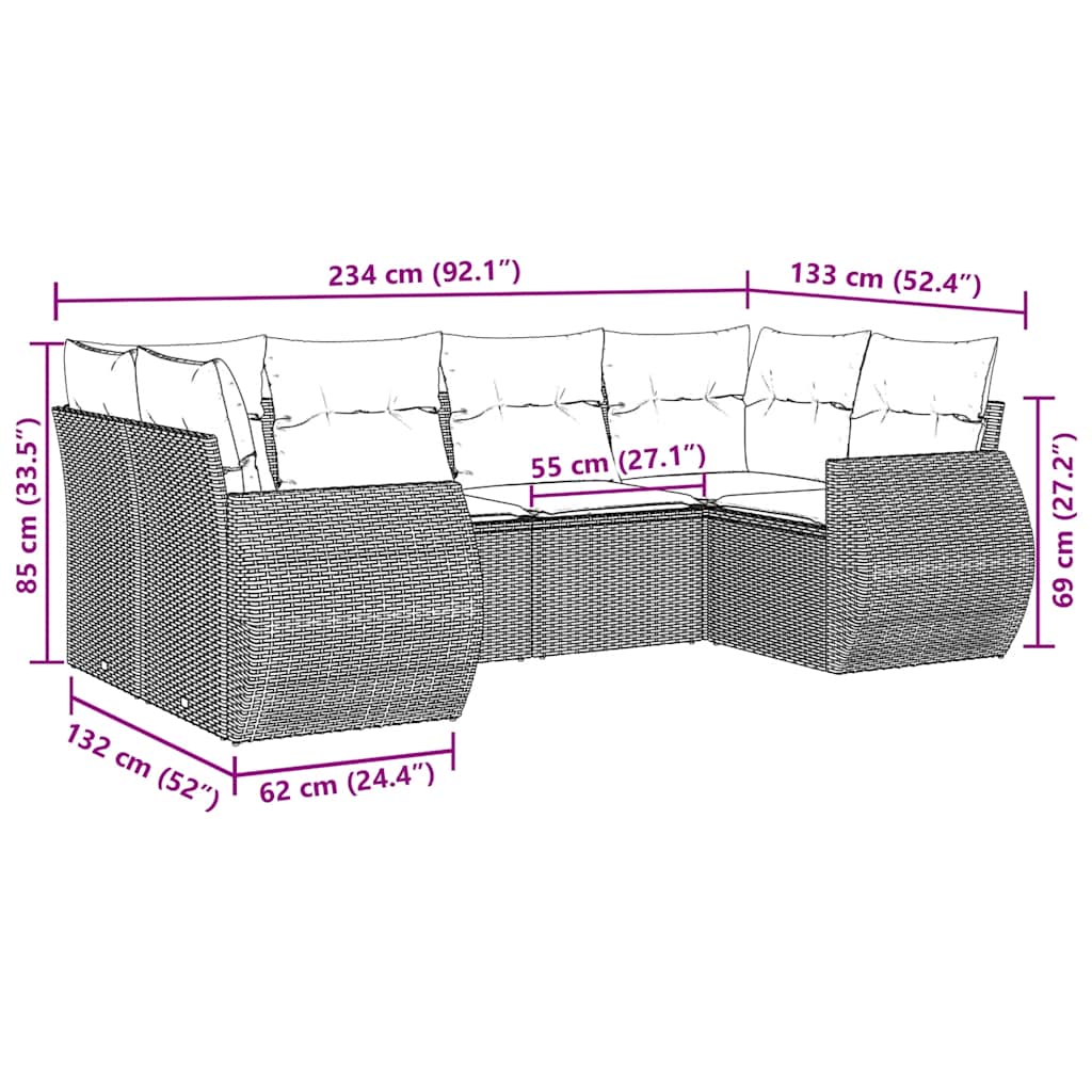 vidaXL 6-tlg. Garten-Sofagarnitur mit Kissen Schwarz Poly Rattan