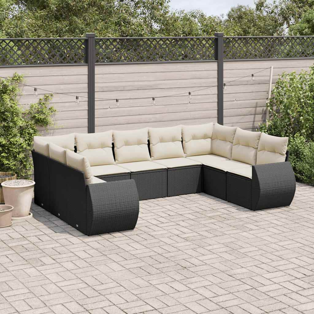 vidaXL Salon de jardin 9 pcs avec coussins Noir Résine tressée