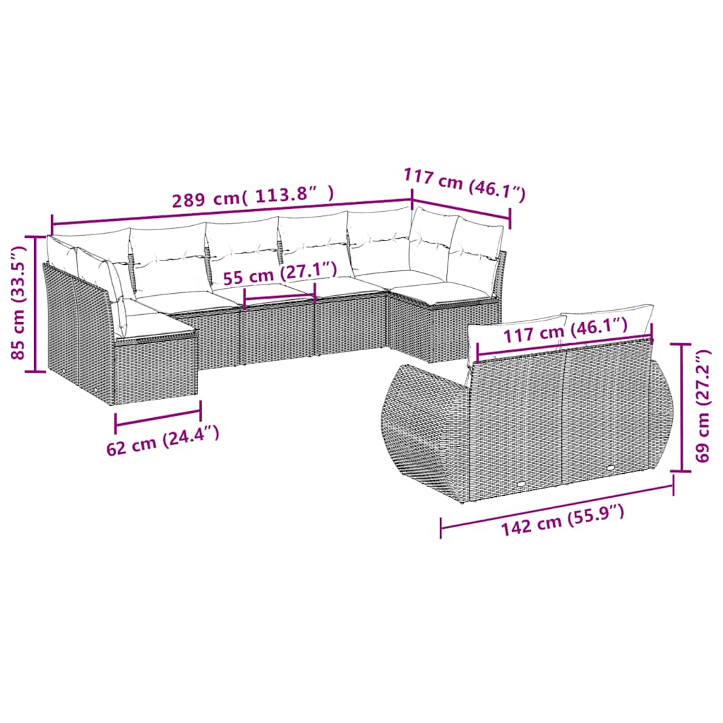 vidaXL Salon de jardin 9 pcs avec coussins Noir Résine tressée