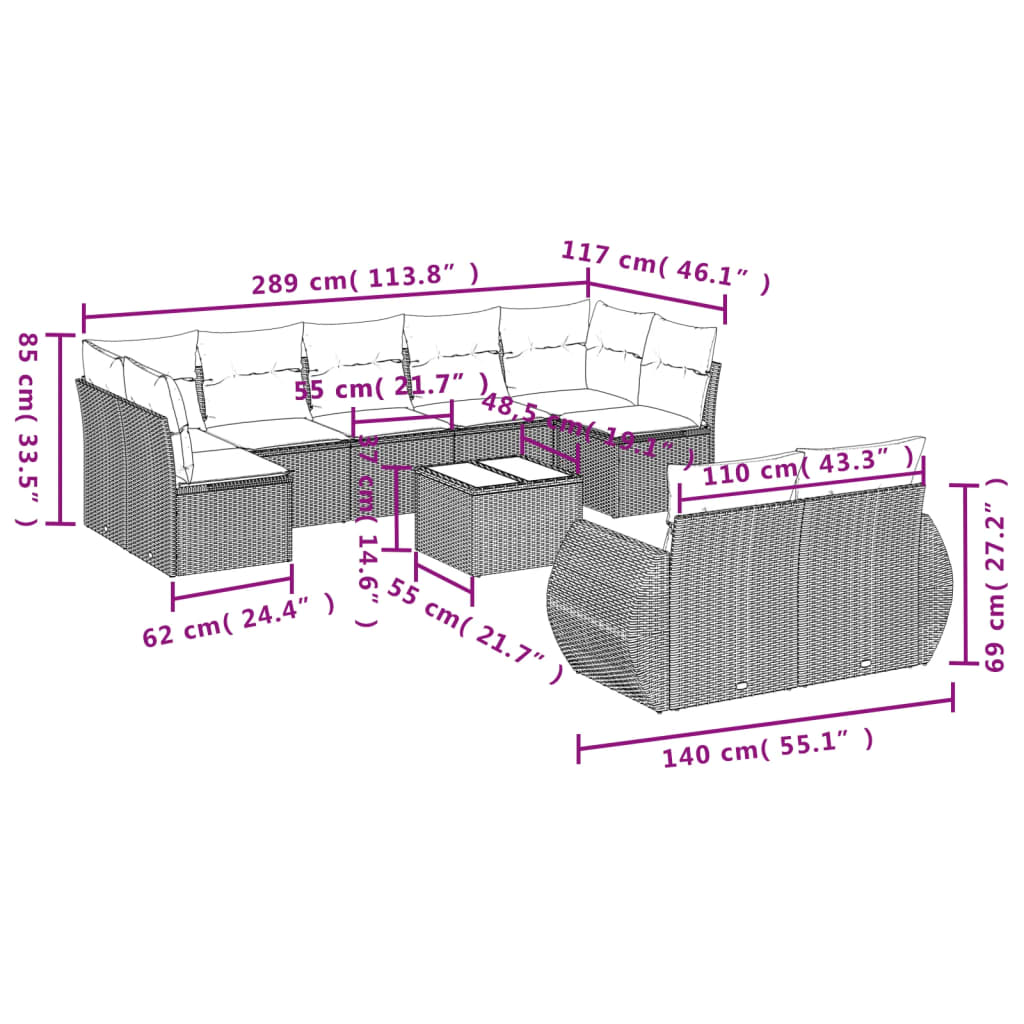 vidaXL 10-tlg. Garten-Sofagarnitur mit Kissen Beige Poly Rattan
