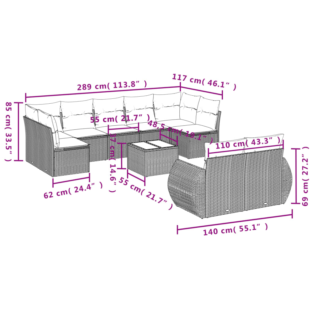 vidaXL Salon de jardin 10 pcs avec coussins résine tressée gris