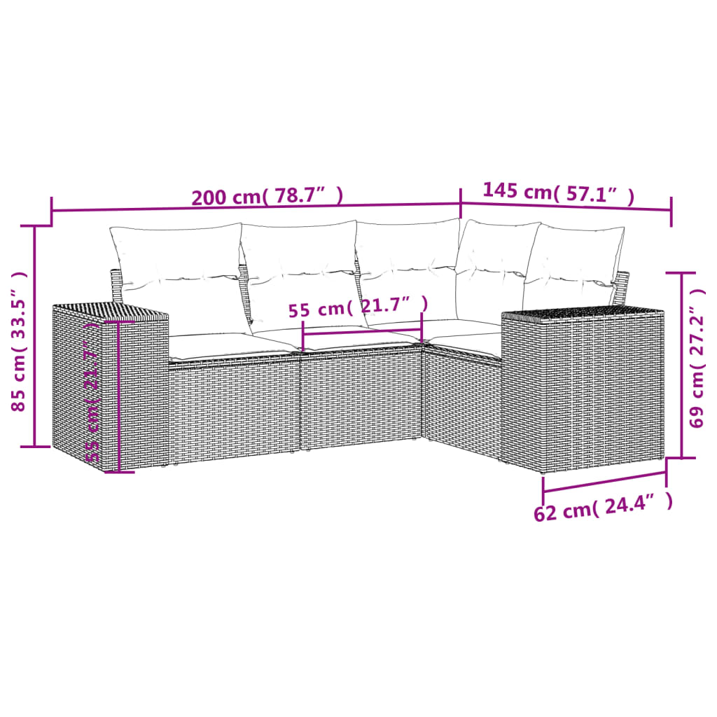 vidaXL 4-tlg. Garten-Sofagarnitur mit Kissen Schwarz Poly Rattan