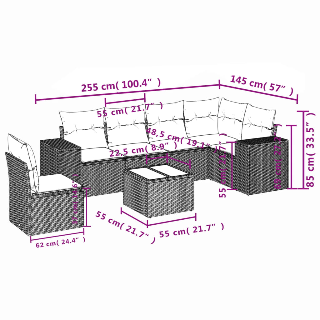 vidaXL Salon de jardin 7 pcs avec coussins Noir Résine tressée