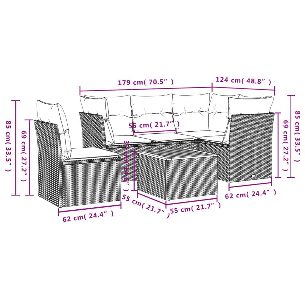 vidaXL 6-tlg. Garten-Sofagarnitur mit Kissen Grau Poly Rattan