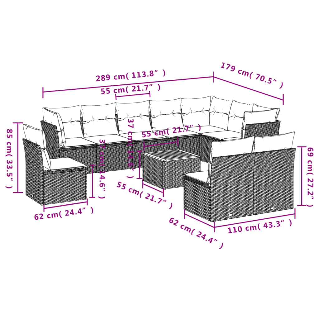 vidaXL Ensemble de canapés de jardin 11 pcs avec coussins en rotin synthétique beige
