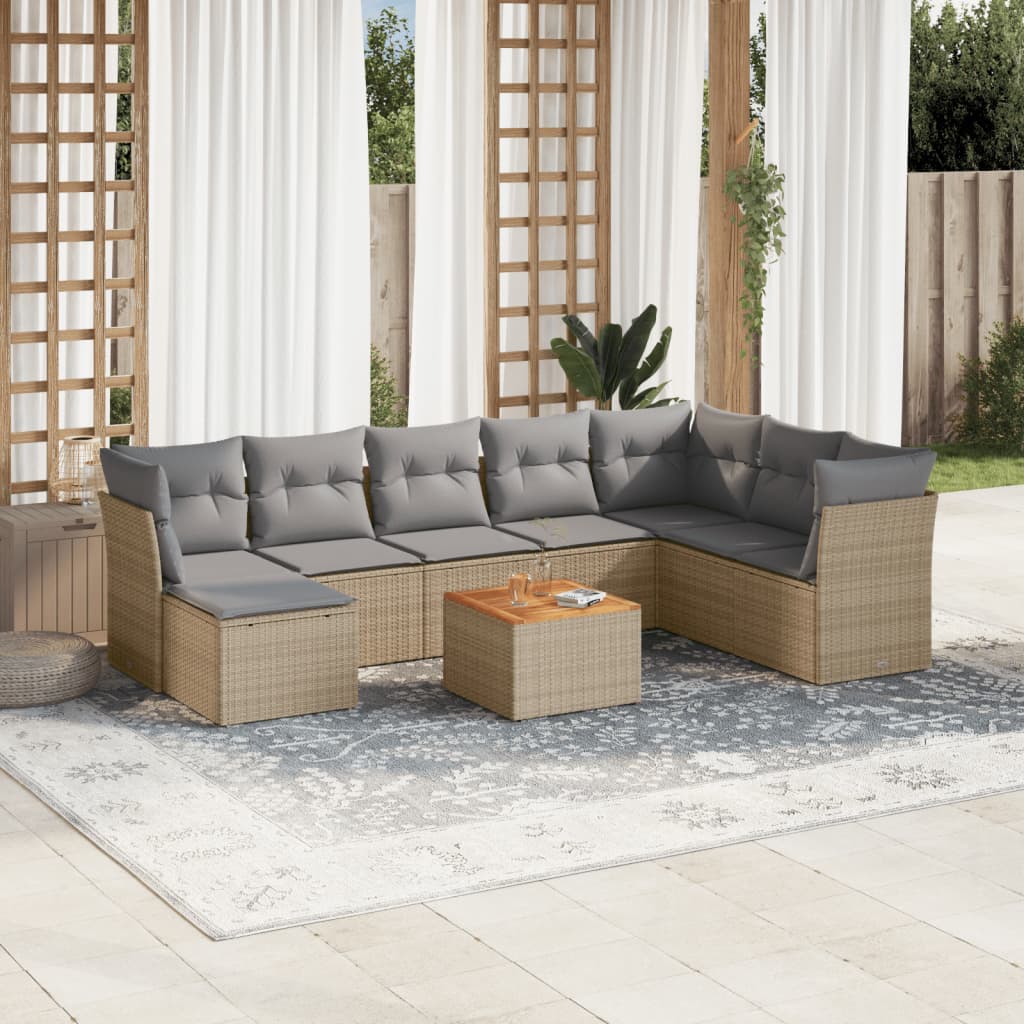 vidaXL Salon de jardin 9 pcs avec coussins Résine tressée Beige