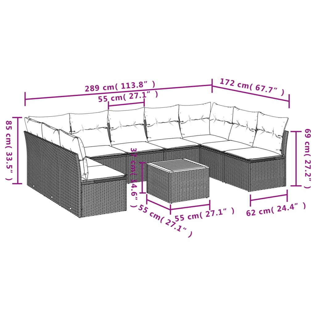 vidaXL Salon de jardin 10 pcs avec coussins beige résine tressée