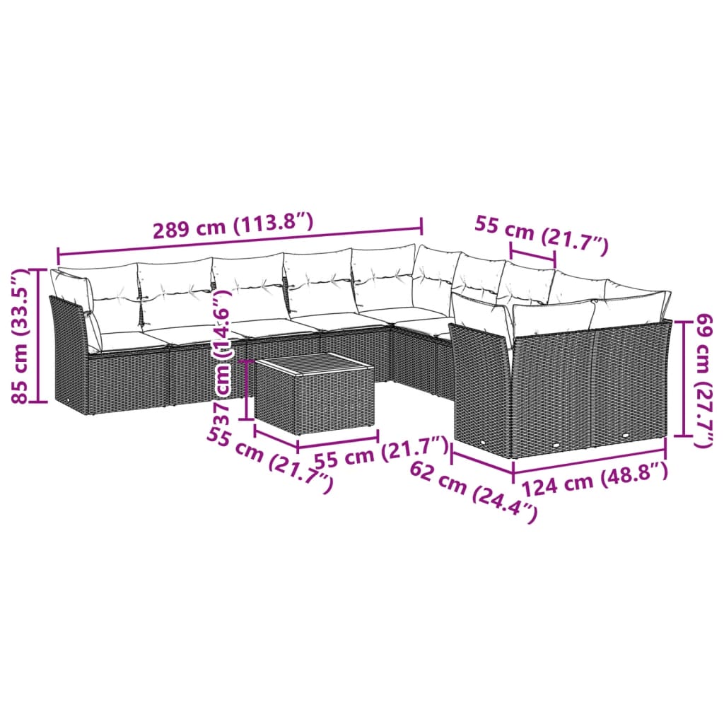 vidaXL 11-tlg. Garten-Sofagarnitur mit Kissen Schwarz Poly Rattan