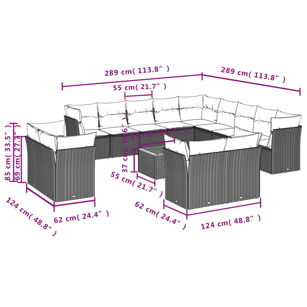 vidaXL 14-tlg. Garten-Sofagarnitur mit Kissen Grau Poly Rattan