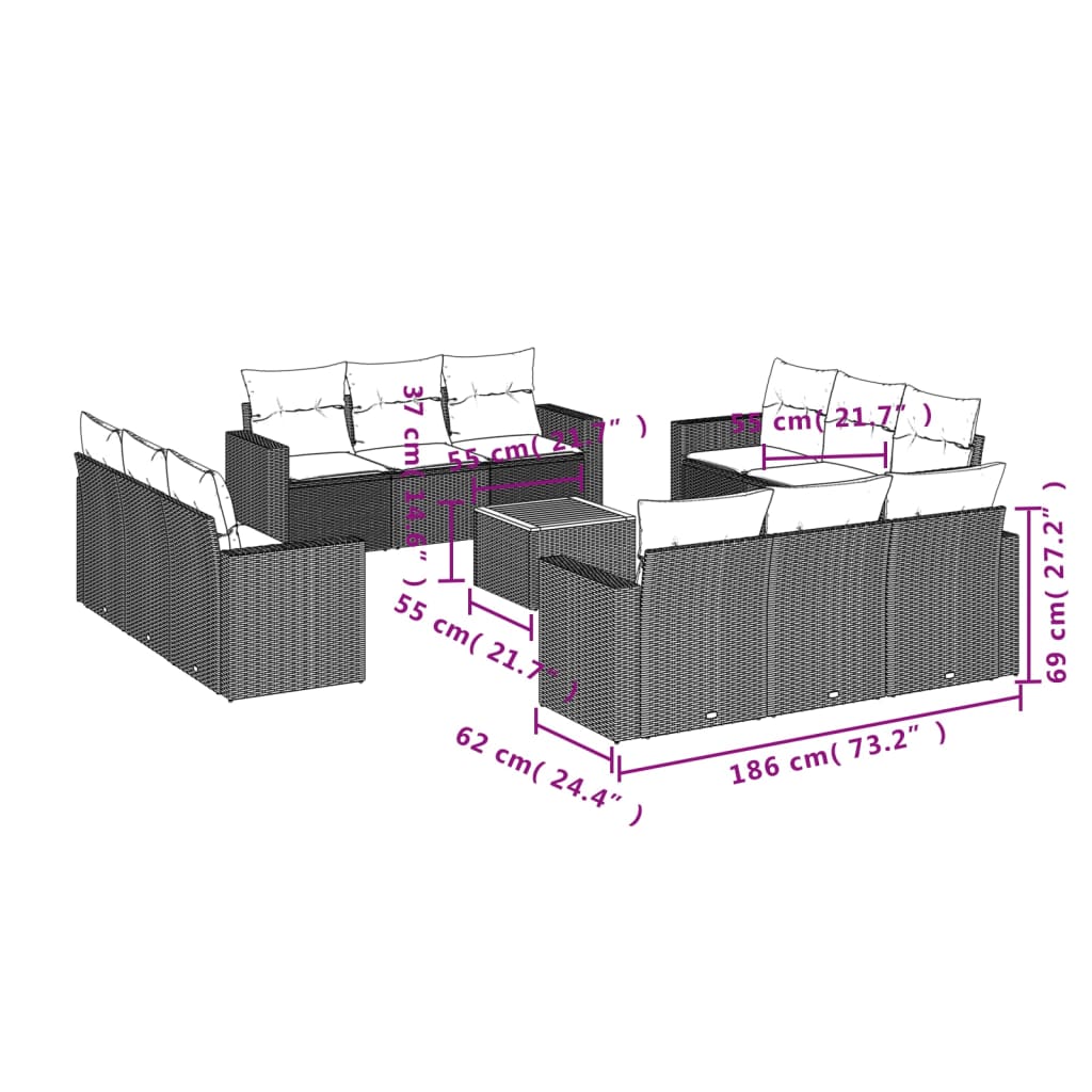 vidaXL 13-tlg. Garten-Sofagarnitur mit Kissen Grau Poly Rattan
