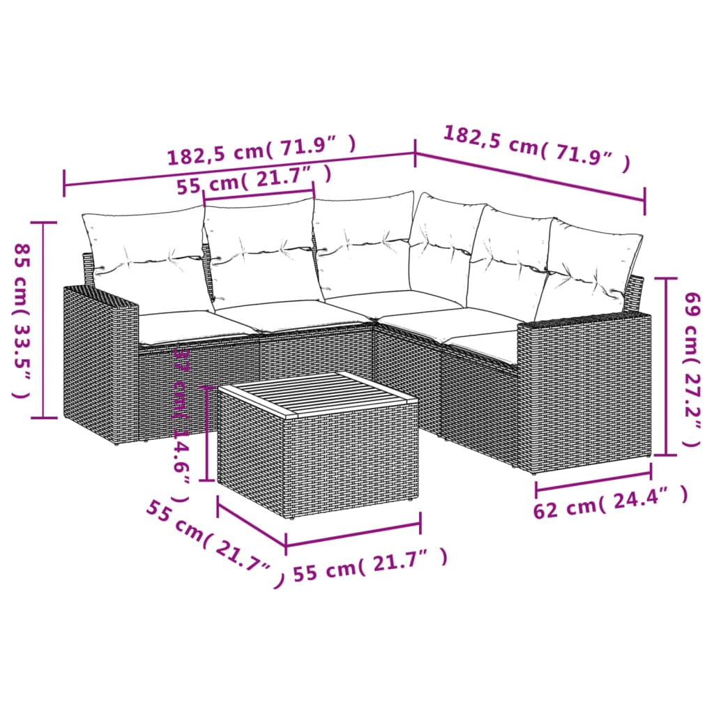 vidaXL 6-tlg. Garten-Sofagarnitur mit Kissen Grau Poly Rattan