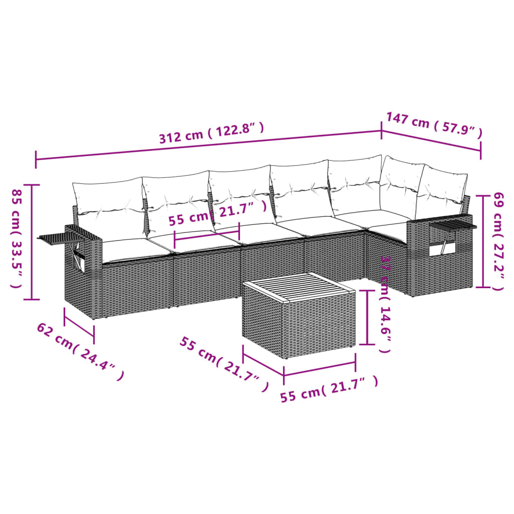 vidaXL 7-tlg. Garten-Sofagarnitur mit Kissen Schwarz Poly Rattan