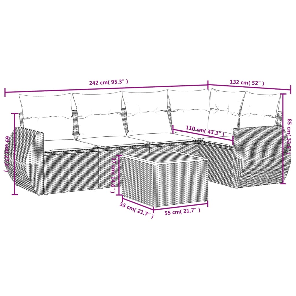 vidaXL 6-tlg. Garten-Sofagarnitur mit Kissen Beige Poly Rattan
