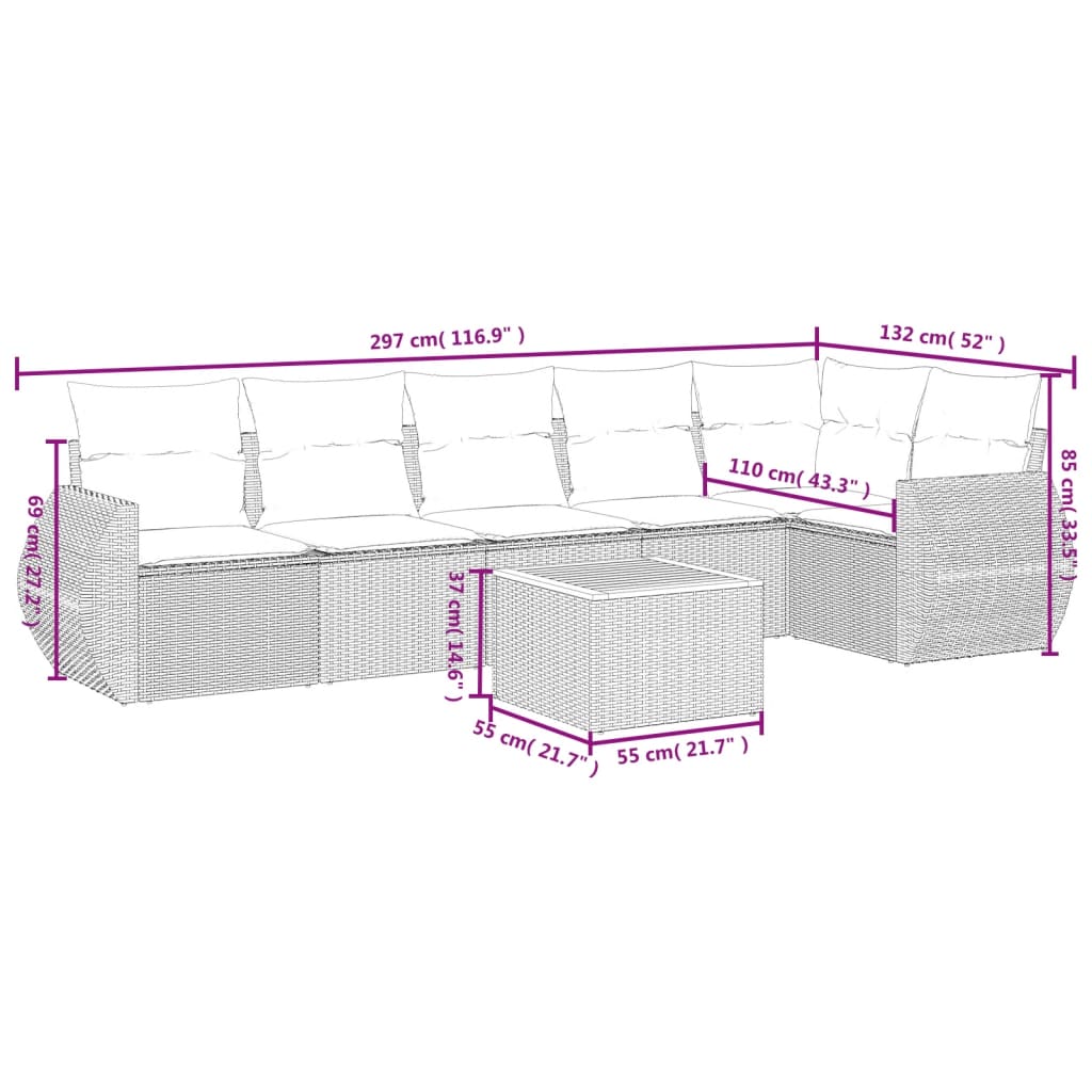 vidaXL 7-tlg. Garten-Sofagarnitur mit Kissen Beige Poly Rattan