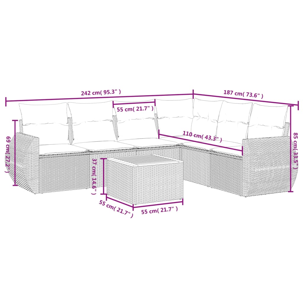 vidaXL 7-tlg. Garten-Sofagarnitur mit Kissen Schwarz Poly Rattan