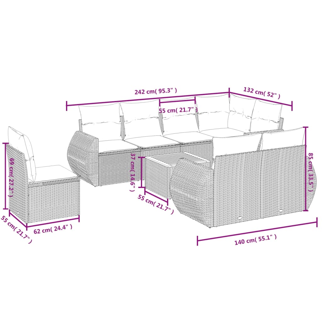 vidaXL 9-tlg. Garten-Sofagarnitur mit Kissen Beige Poly Rattan