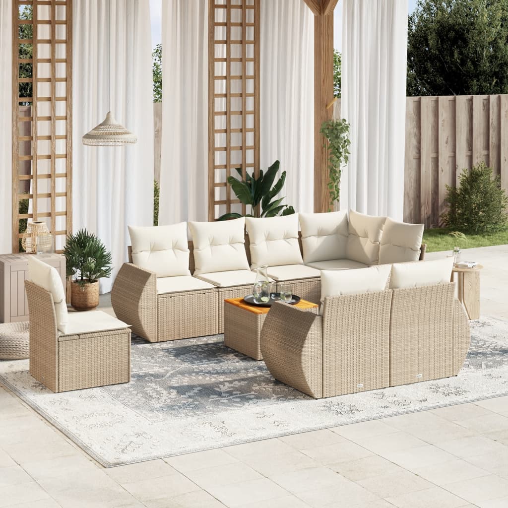 vidaXL 9-tlg. Garten-Sofagarnitur mit Kissen Beige Poly Rattan