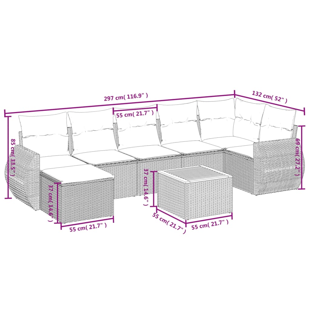 vidaXL 8-tlg. Garten-Sofagarnitur mit Kissen Beige Poly Rattan