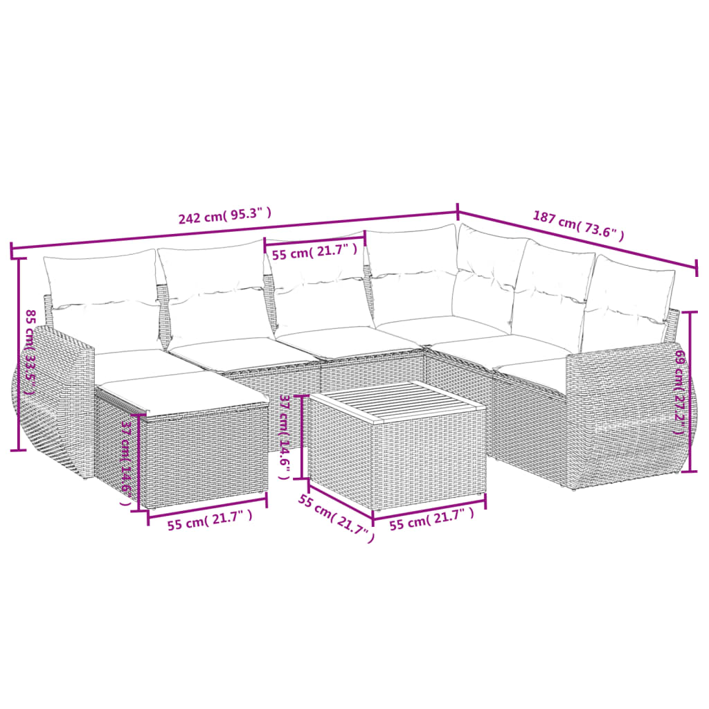 vidaXL 8-tlg. Garten-Sofagarnitur mit Kissen Schwarz Poly Rattan