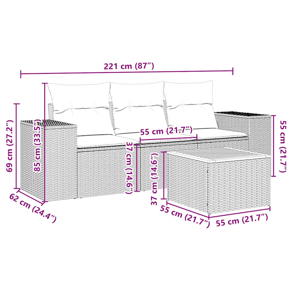 vidaXL 4-tlg. Garten-Sofagarnitur mit Kissen Schwarz Poly Rattan