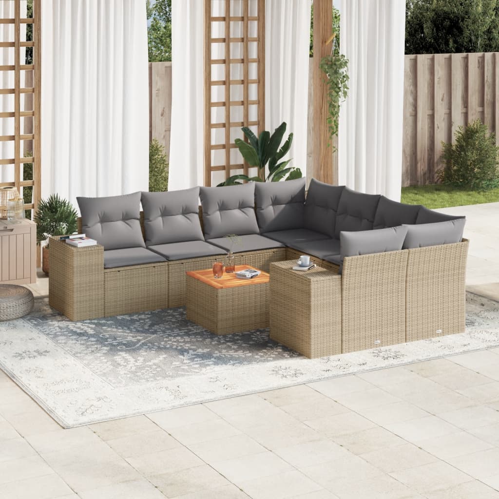 vidaXL Salon de jardin 9 pcs avec coussins Résine tressée Beige