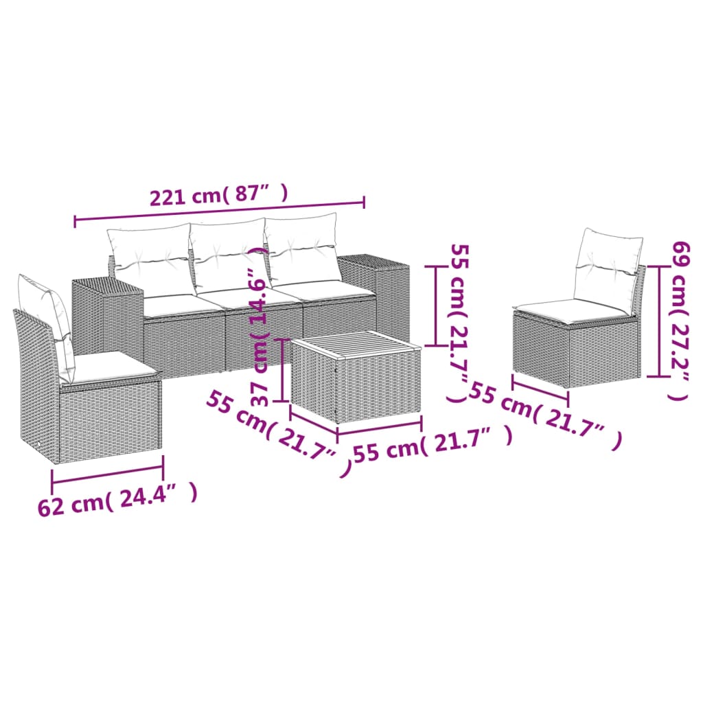 vidaXL 6-tlg. Garten-Sofagarnitur mit Kissen Grau Poly Rattan
