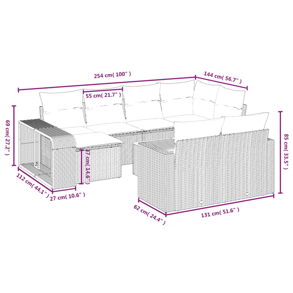 vidaXL Ensemble de canapés de jardin 11 pcs avec coussins en rotin synthétique beige
