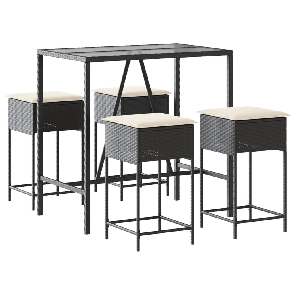 vidaXL 5-tlg. Gartenbar-Set mit Kissen Schwarz Poly Rattan