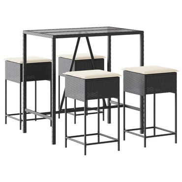 vidaXL 5-tlg. Gartenbar-Set mit Kissen Schwarz Poly Rattan