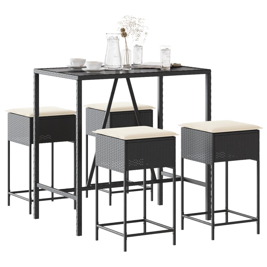 vidaXL 5-tlg. Gartenbar-Set mit Kissen Schwarz Poly Rattan