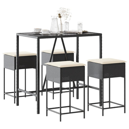 vidaXL 5-tlg. Gartenbar-Set mit Kissen Schwarz Poly Rattan