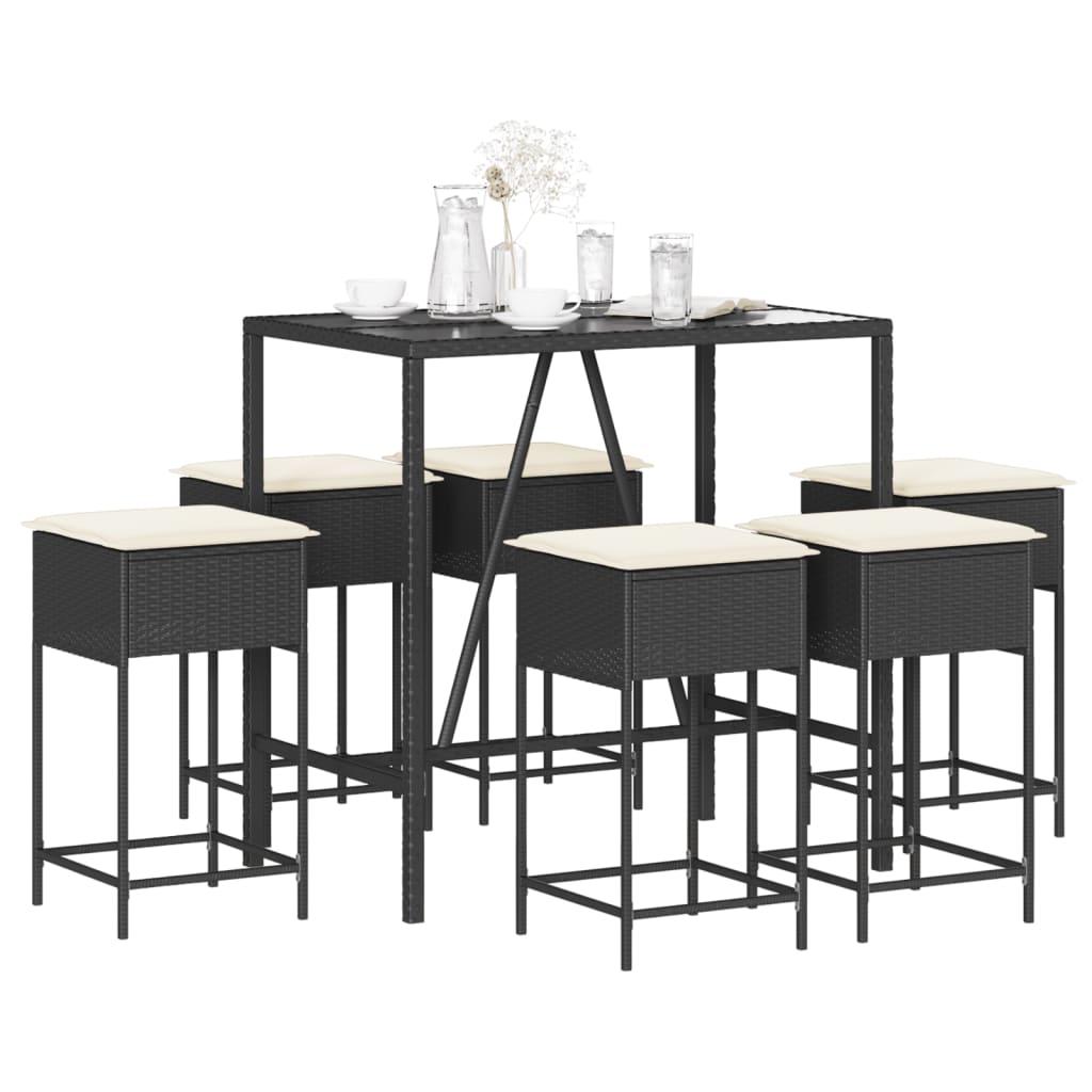 vidaXL 7-tlg. Gartenbar-Set mit Kissen Schwarz Poly Rattan