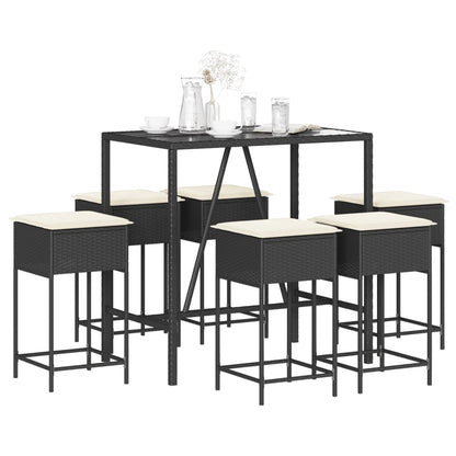 vidaXL 7-tlg. Gartenbar-Set mit Kissen Schwarz Poly Rattan