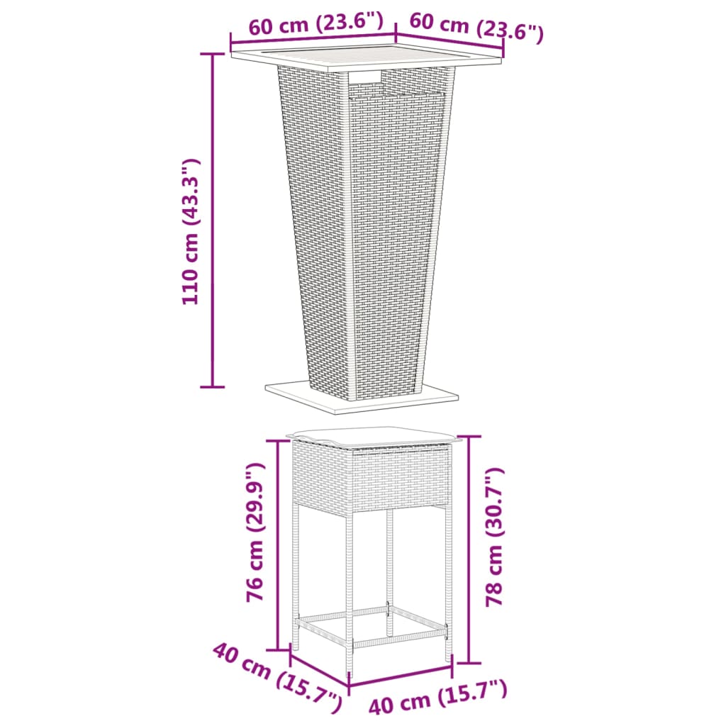 vidaXL 3-tlg. Gartenbar-Set mit Kissen Schwarz Poly Rattan