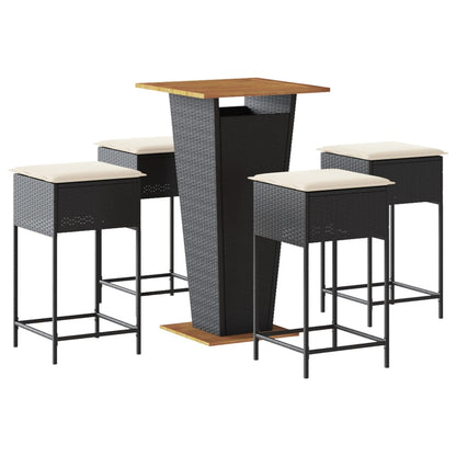 vidaXL 5-tlg. Gartenbar-Set mit Kissen Schwarz Poly Rattan