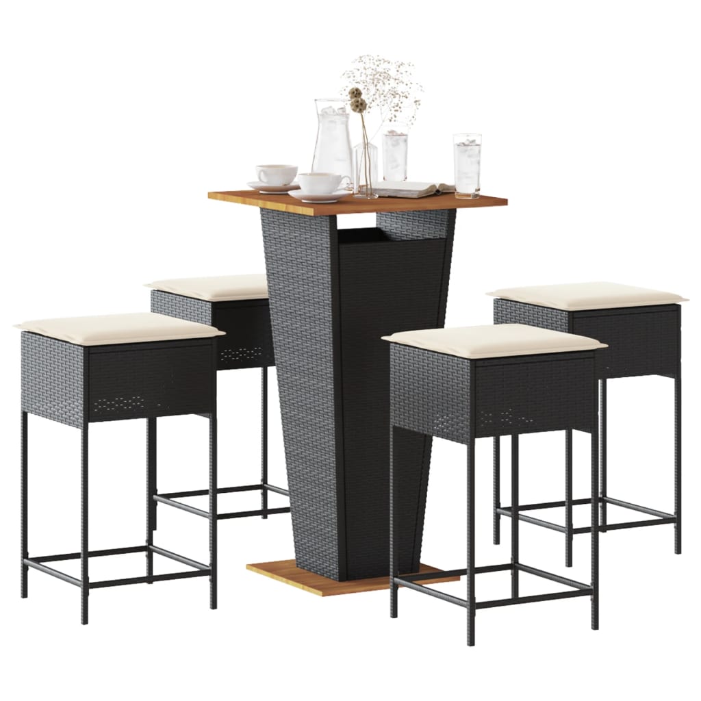 vidaXL 5-tlg. Gartenbar-Set mit Kissen Schwarz Poly Rattan