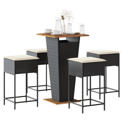 vidaXL 5-tlg. Gartenbar-Set mit Kissen Schwarz Poly Rattan